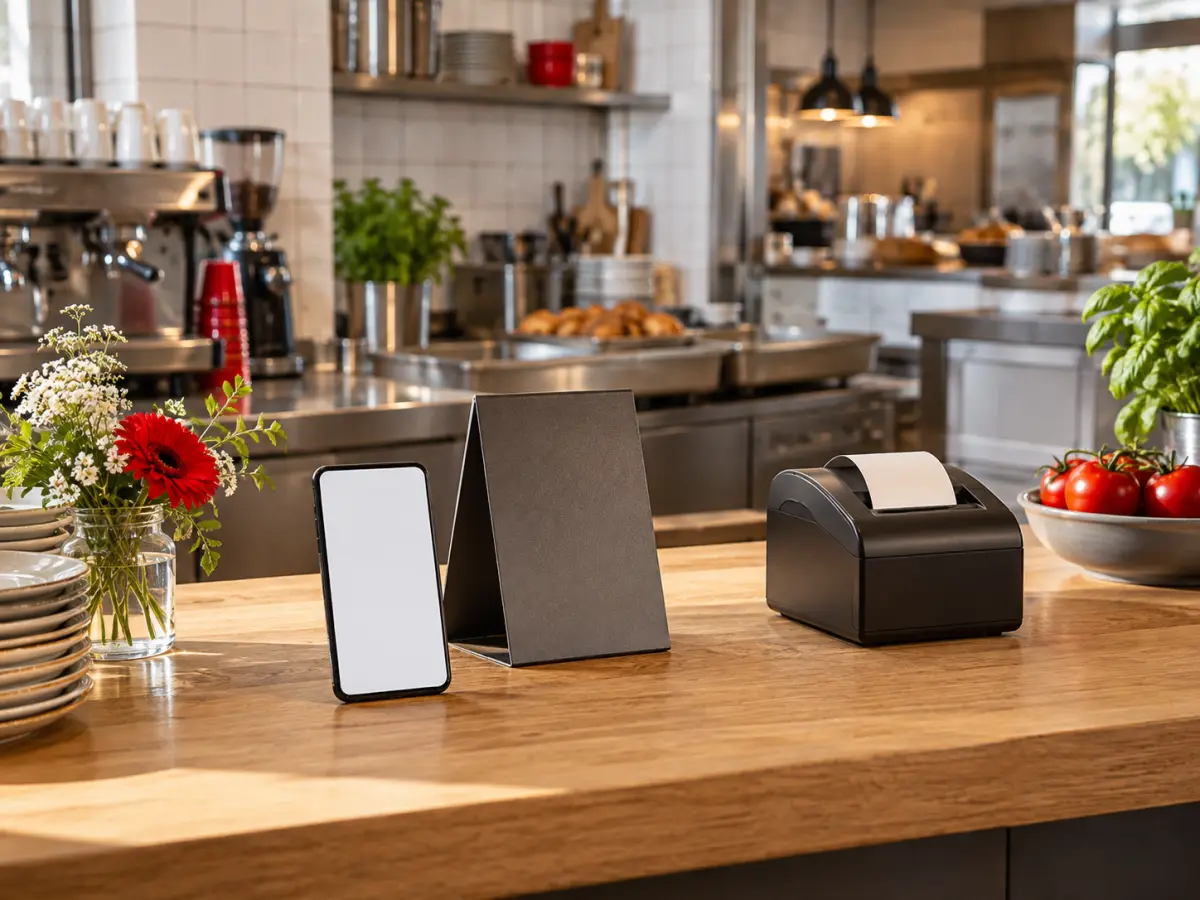 Smartphone, Tischaufsteller und Belegdrucker auf einer aufgeräumten Arbeitsfläche in einem kleinen Lokal.