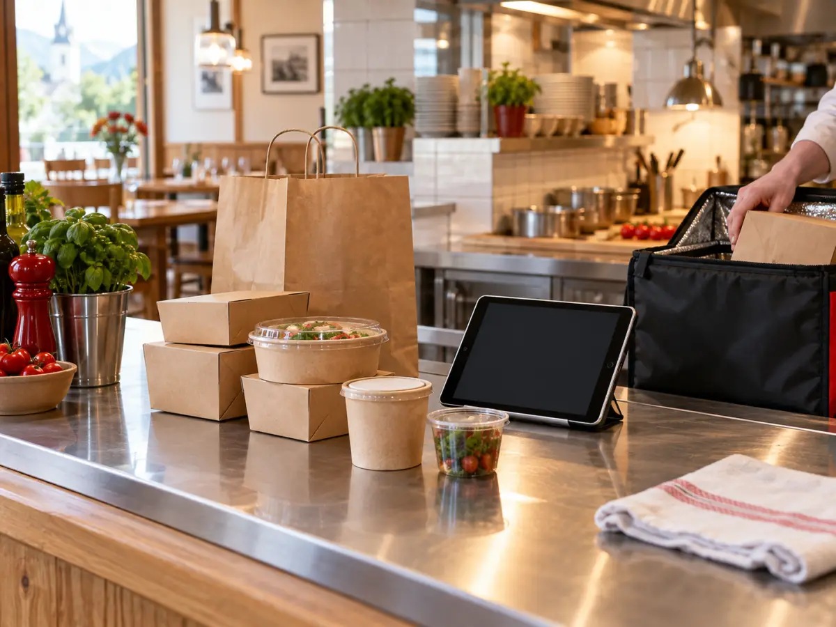 Verpackte Speisen, Transporttasche und Bestellgerät auf der Arbeitsfläche eines kleinen Lokals.