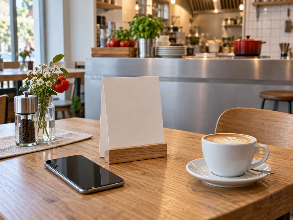 Smartphone neben einem Tischaufsteller und einer gedruckten Ersatzspeisekarte auf einem Cafétisch.