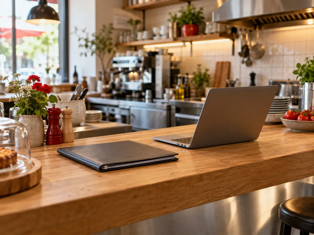 Laptop mit unscharfem Bildschirm und geschlossener Dokumentenmappe auf einer hellen Cafétheke.