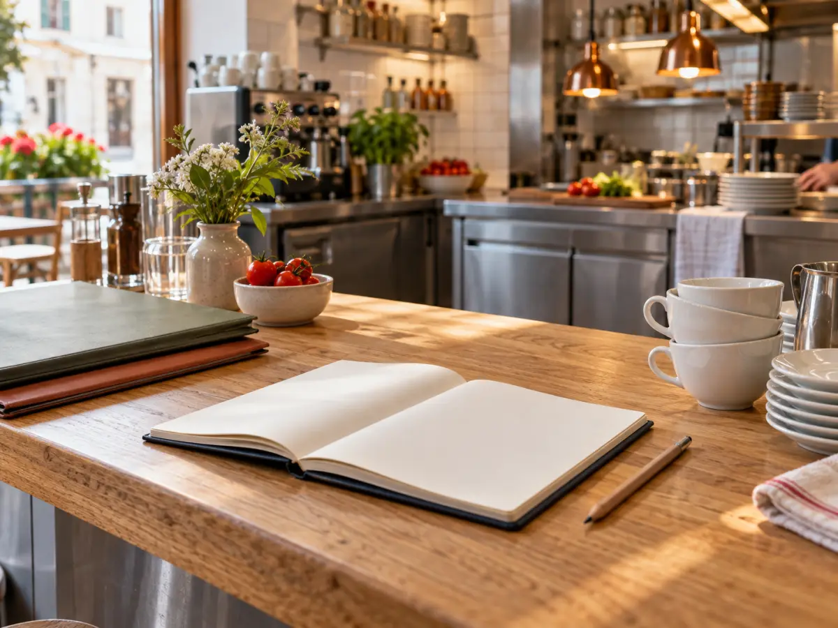 Ordner und leeres Notizbuch auf einer Holztheke neben Geschirr in einem kleinen Café.