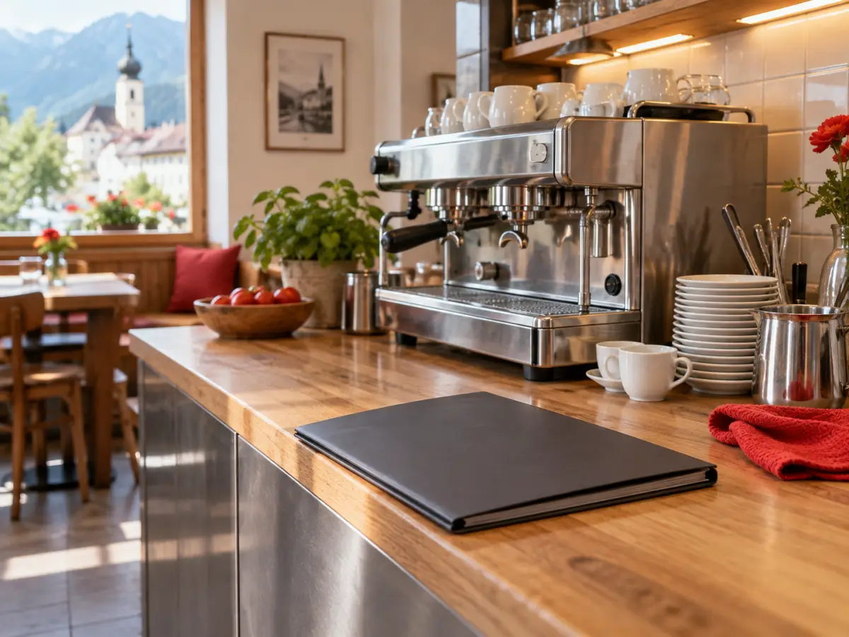 Geschlossener Ordner und saubere, stillgelegte Kaffeemaschine auf der Holztheke eines kleinen Cafés.