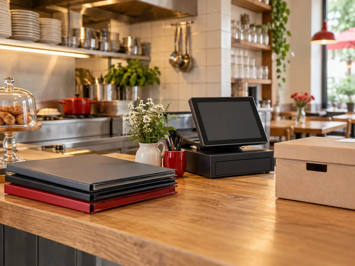 Geschlossene Ordner und eine ausgeschaltete Kassa auf der aufgeräumten Holztheke eines kleinen Cafés.