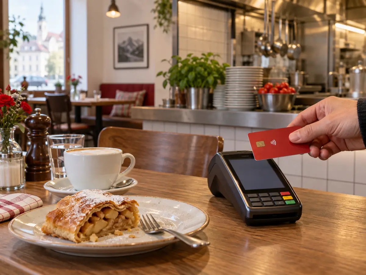Hand hält eine Bankkarte über ein Kartenterminal auf einem Holztisch, daneben Apfelstrudel und Kaffee.
