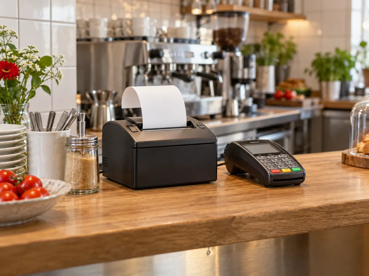 Bondrucker, Papierbeleg und Kartenterminal auf einer aufgeräumten Cafétheke.