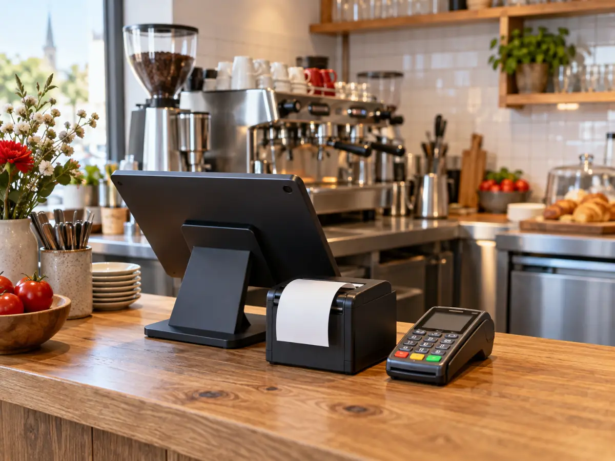 Kassa mit Bondrucker auf einer Holztheke, daneben ein frisch gedruckter Beleg und ein Kartenterminal.