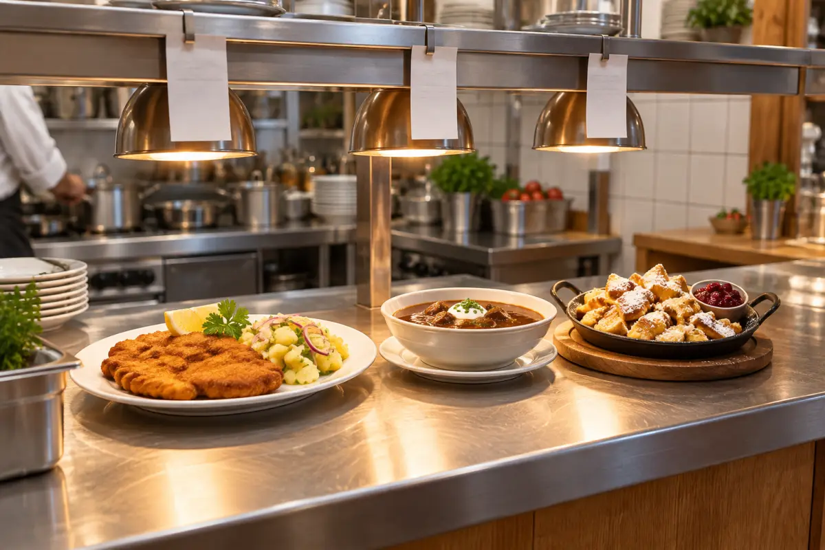 Durchreiche mit Wärmelampen: Schnitzel, Gulasch und Kaiserschmarrn warten auf den Service, darüber hängen Bons an der Schiene.