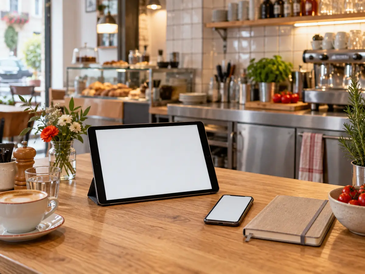 Tablet und Smartphone neben einem Notizbuch auf einer aufgeräumten Arbeitsfläche im Café.