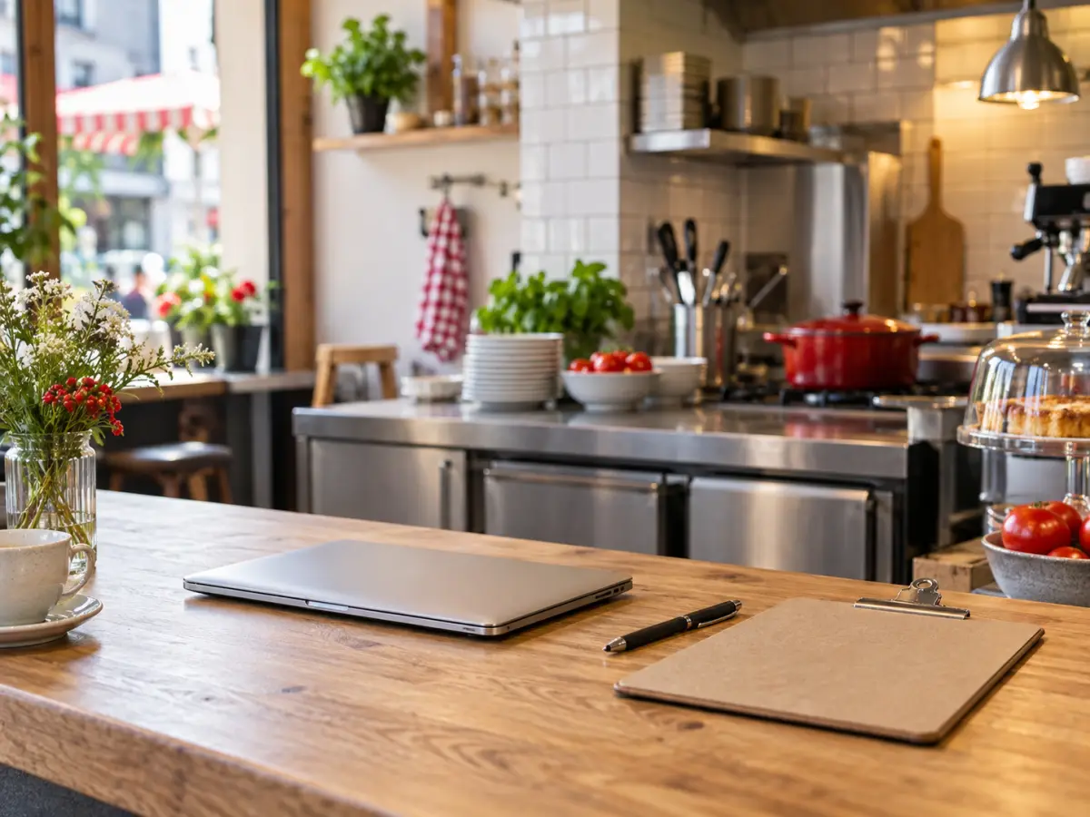 Geschlossener Laptop, Stift und umgedrehtes Klemmbrett auf einer aufgeräumten Cafétheke.
