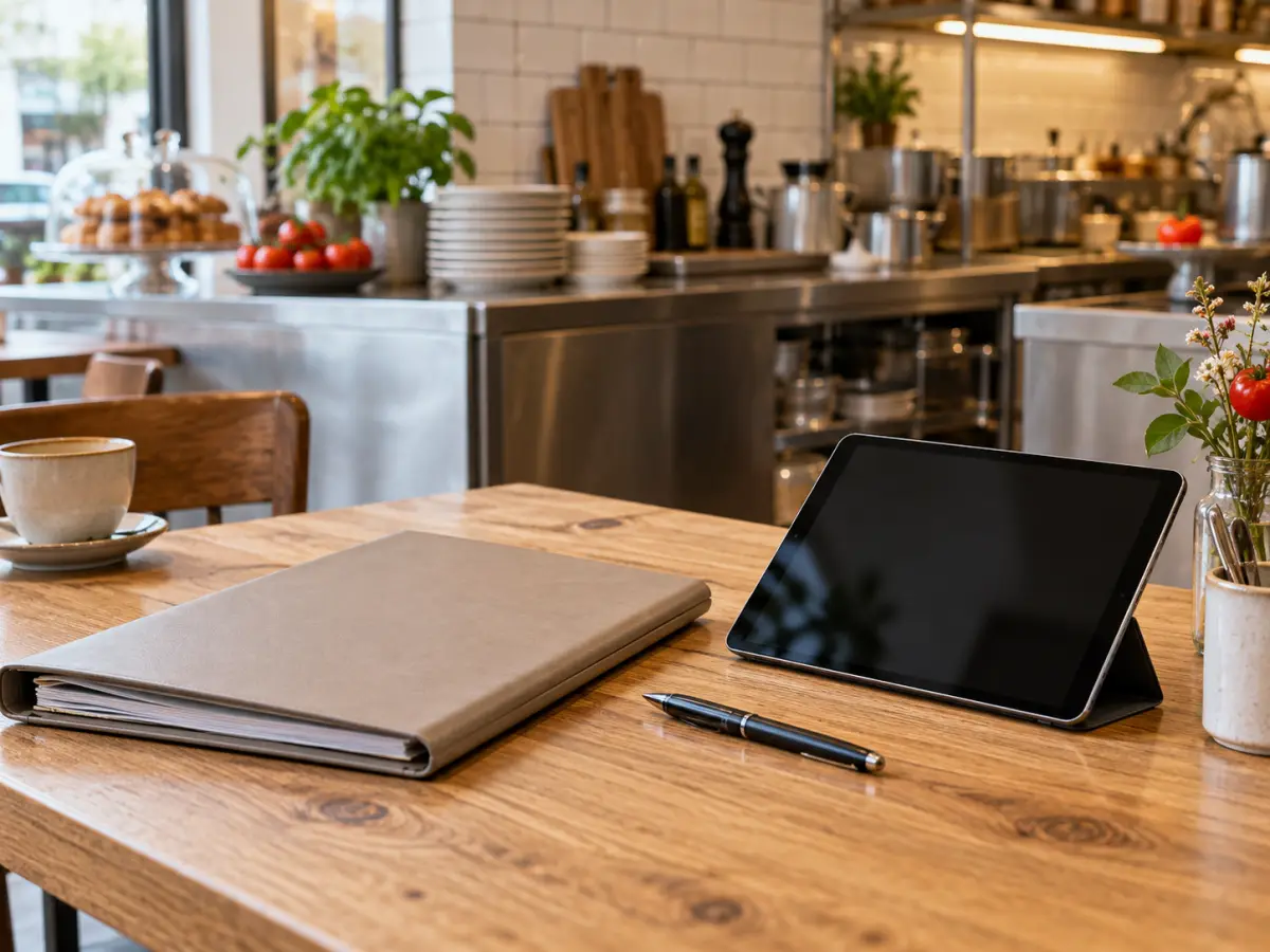 Geschlossene Personalmappe und ein Tablet auf einer aufgeräumten Arbeitsfläche im Café.